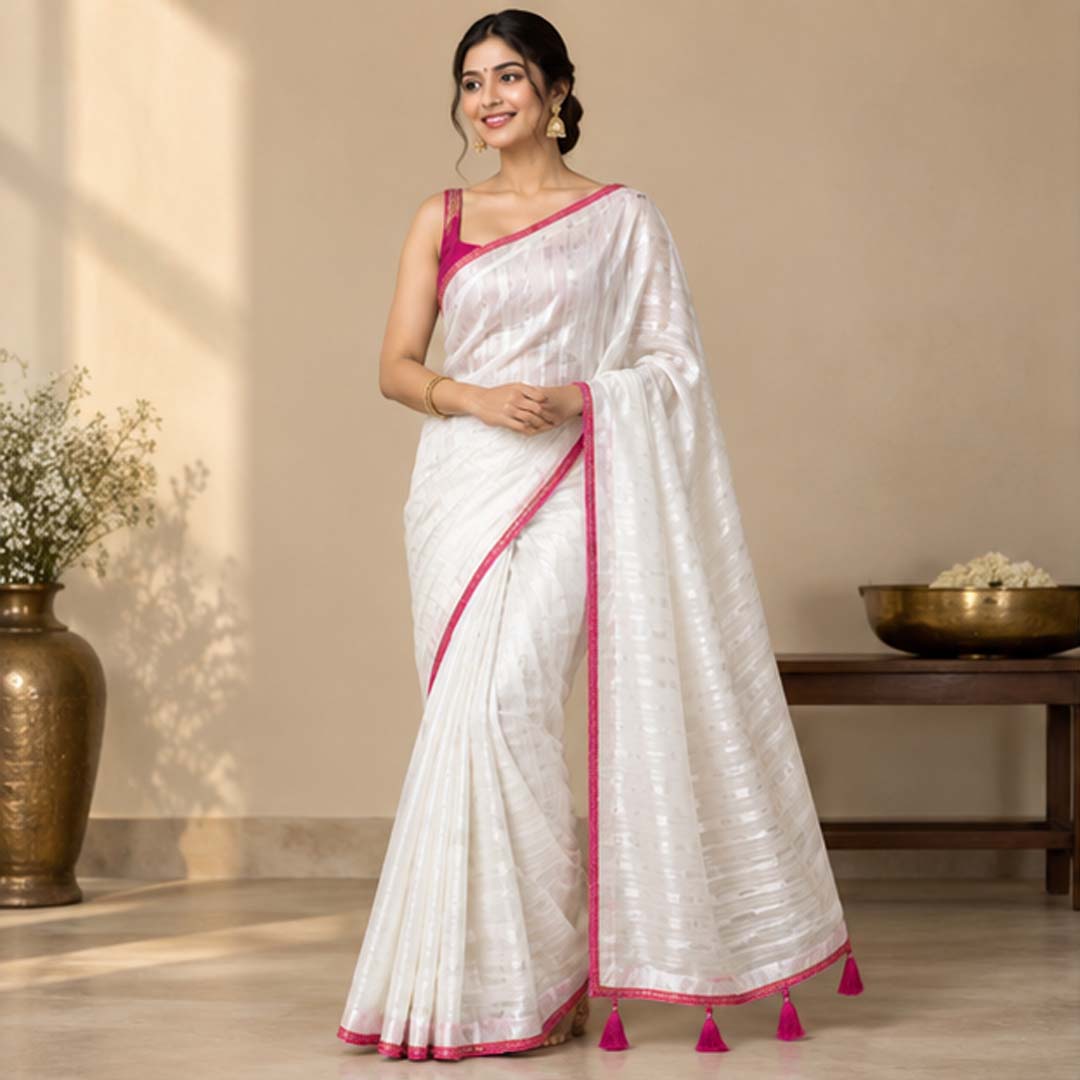 White Georgette Saree with Rani Pink Border