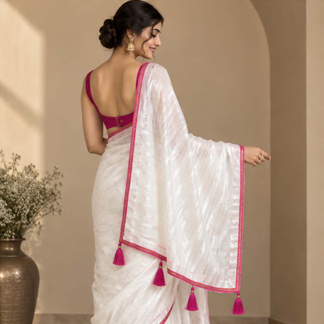White Georgette Saree with Rani Pink Border
